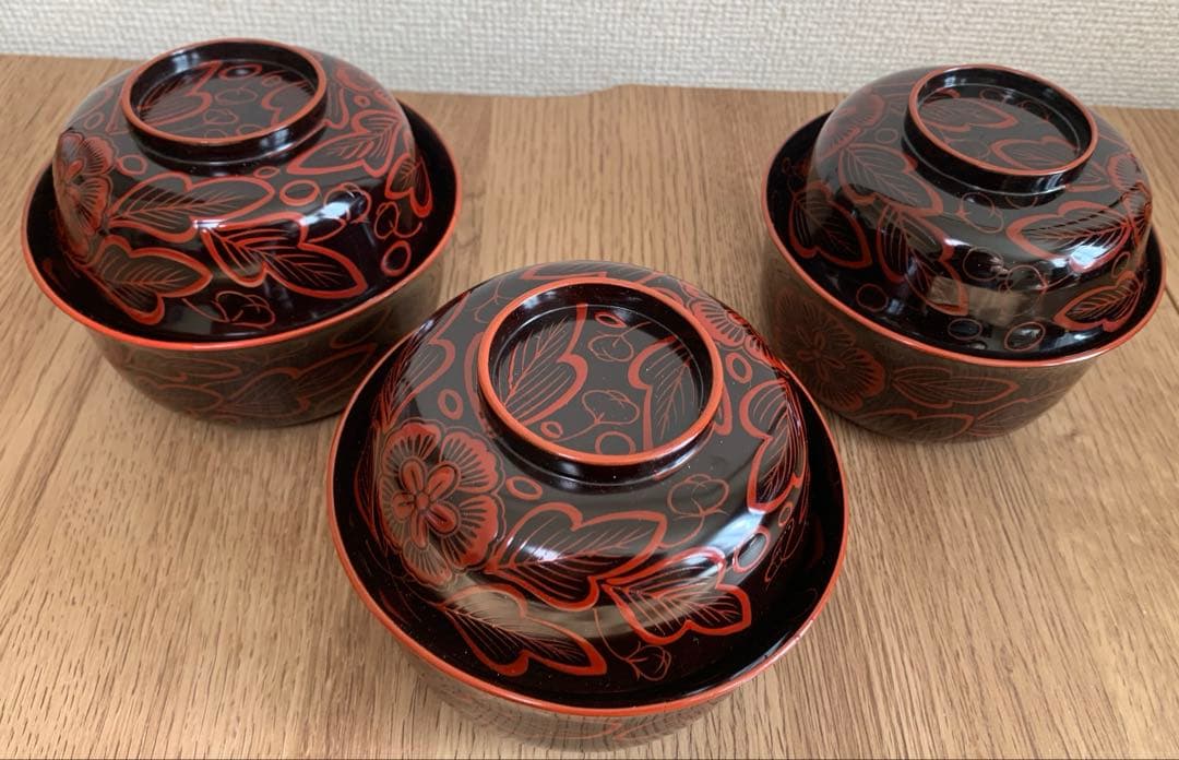 吉野塗　時代物　木芙蓉文のお椀3客　検懐石道具吉野塗　飯碗　吸物椀　珍品　蓋皿
