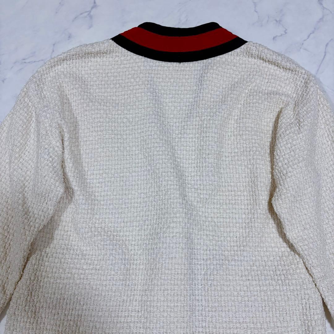 美品 グッチ 40 ツイード カーディガン ウェブ パール ビジュー ジャケット