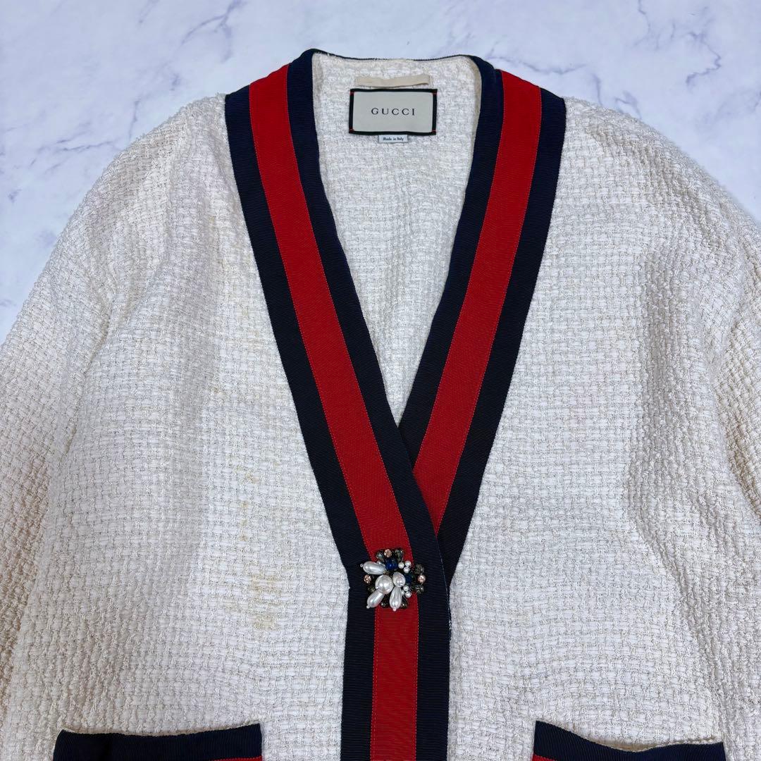 美品 グッチ 40 ツイード カーディガン ウェブ パール ビジュー ジャケット