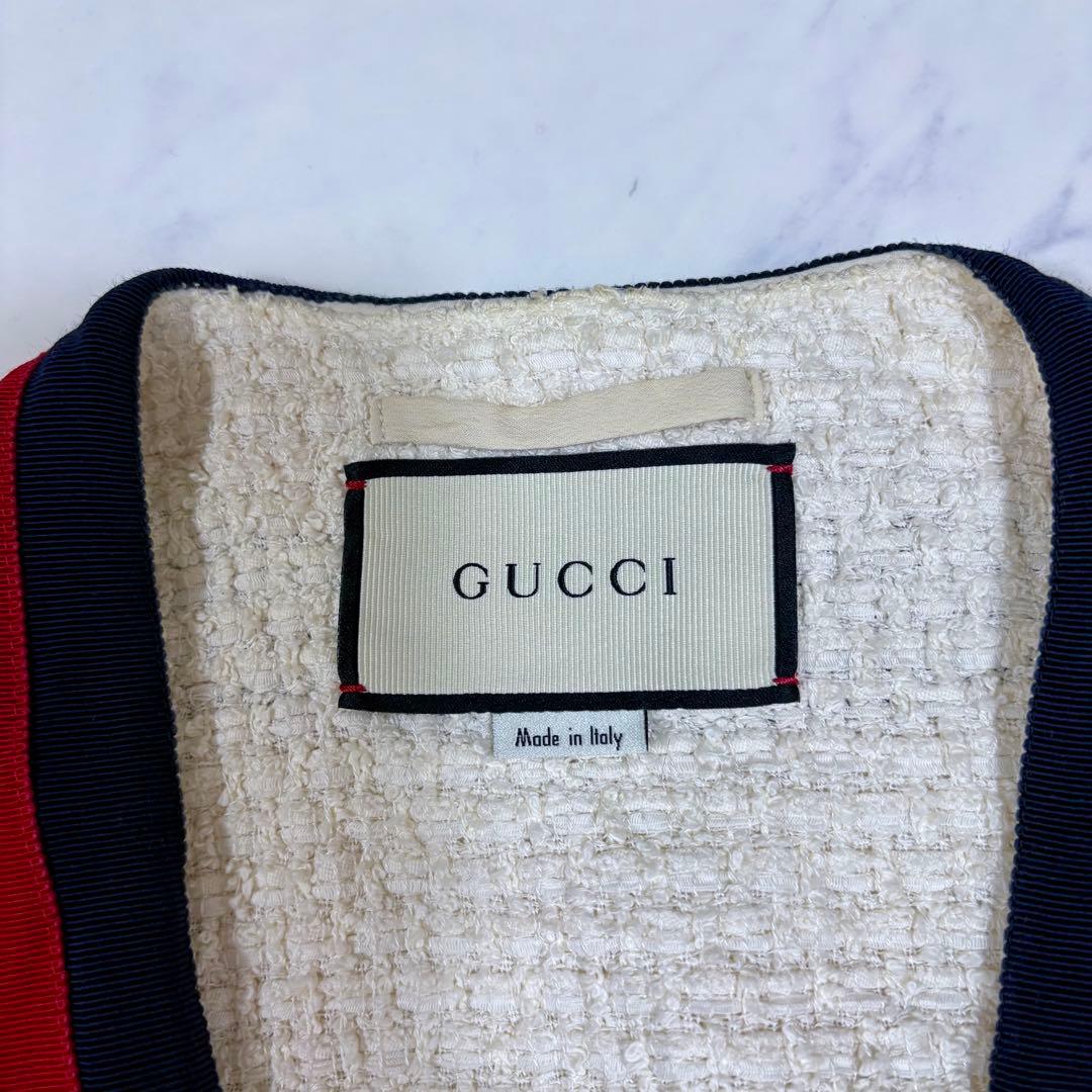 美品 グッチ 40 ツイード カーディガン ウェブ パール ビジュー ジャケット