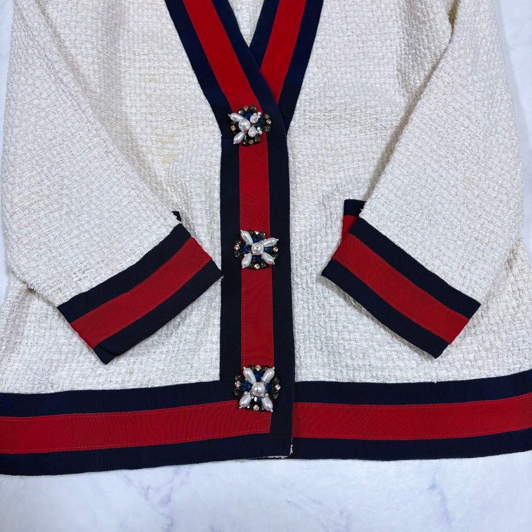 美品 グッチ 40 ツイード カーディガン ウェブ パール ビジュー ジャケット