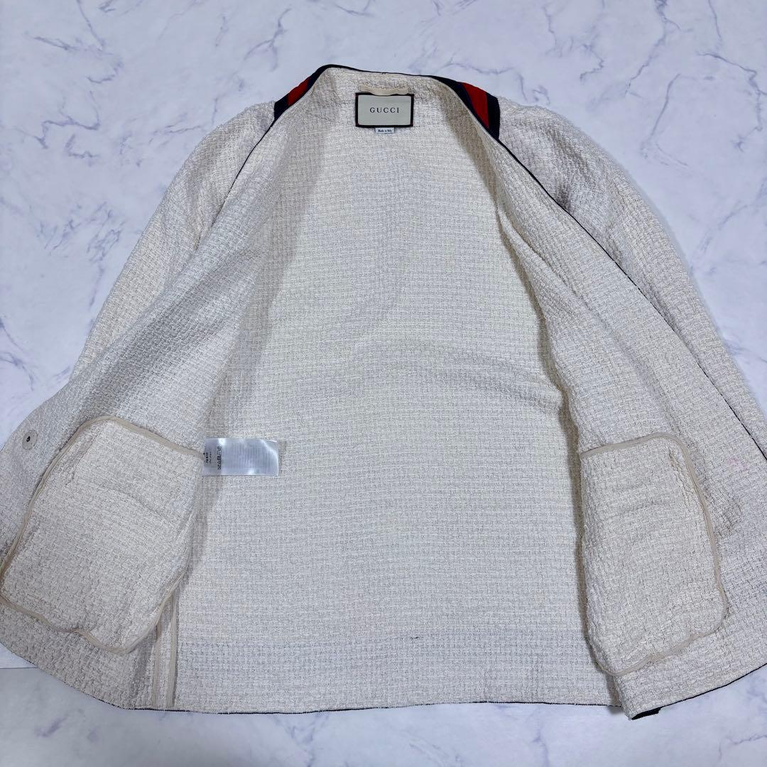 美品 グッチ 40 ツイード カーディガン ウェブ パール ビジュー ジャケット