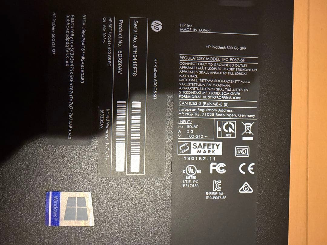 HP ProDesk 600 G5 SFF SSD256 メモリ8G NVMe