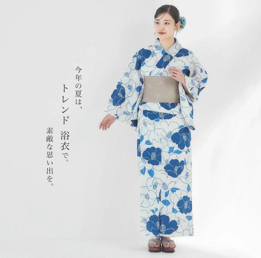 おまかせ半幅帯、おすすめ下駄、帯どめセット◆◆最高級【綿麻浴衣】碧青椿の上品