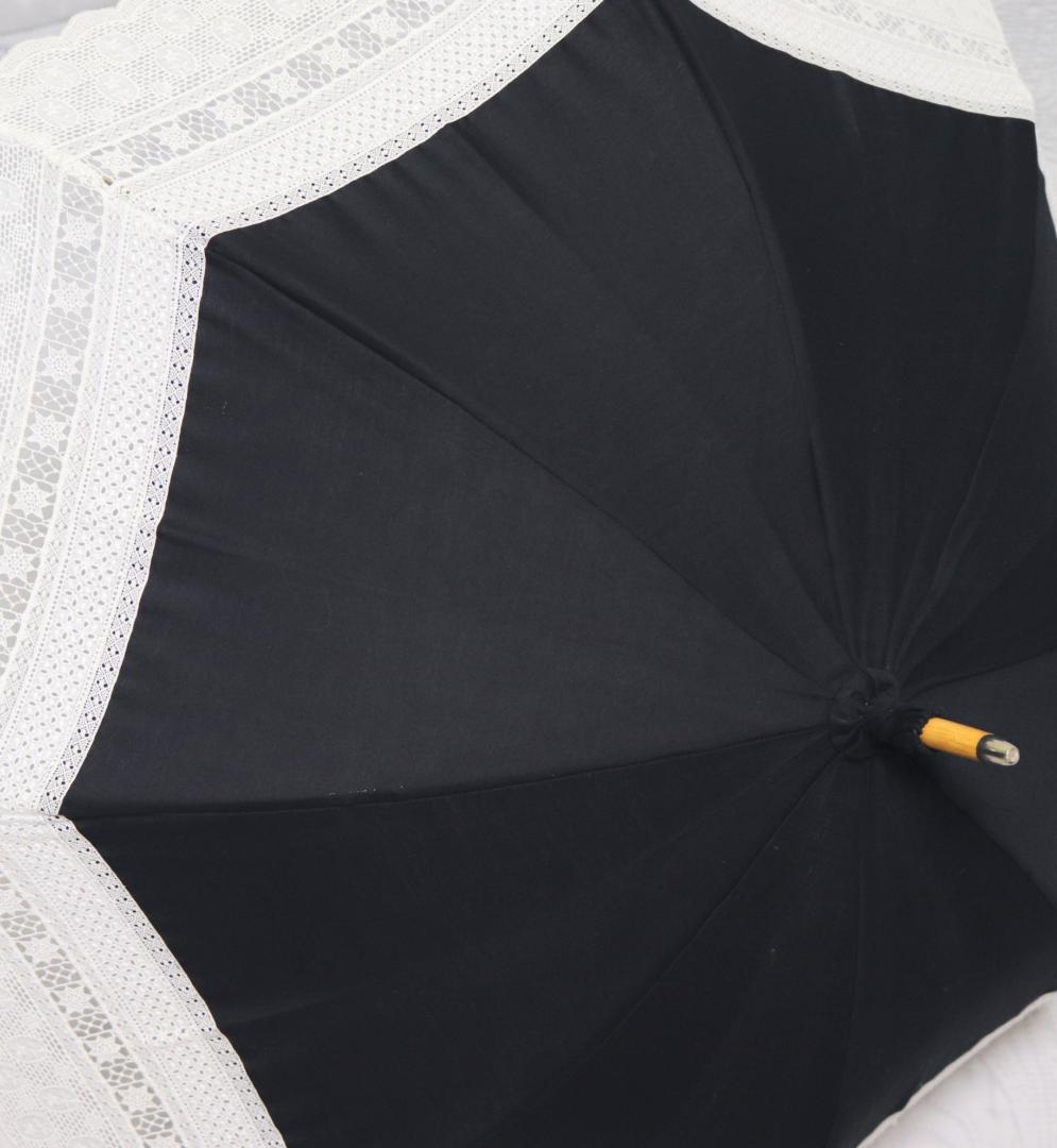 新品タグ付き【長傘 日傘】綿100％ 希少!竹ねじれ持ち手 高級レース使用 黒