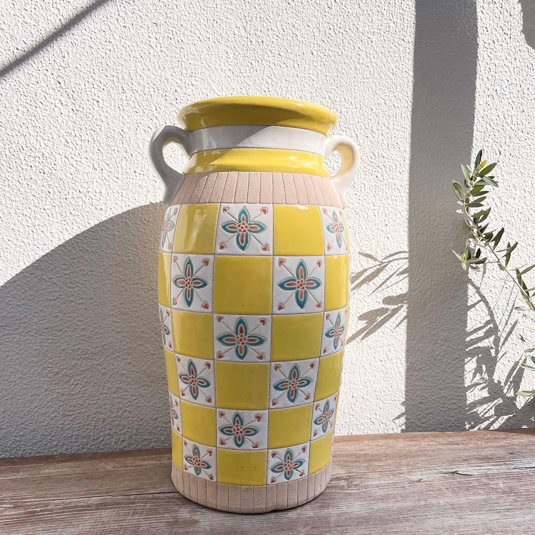 ヨーロッパ製　タイル模様　傘立て　プランター　壺　フラワーポット　北欧