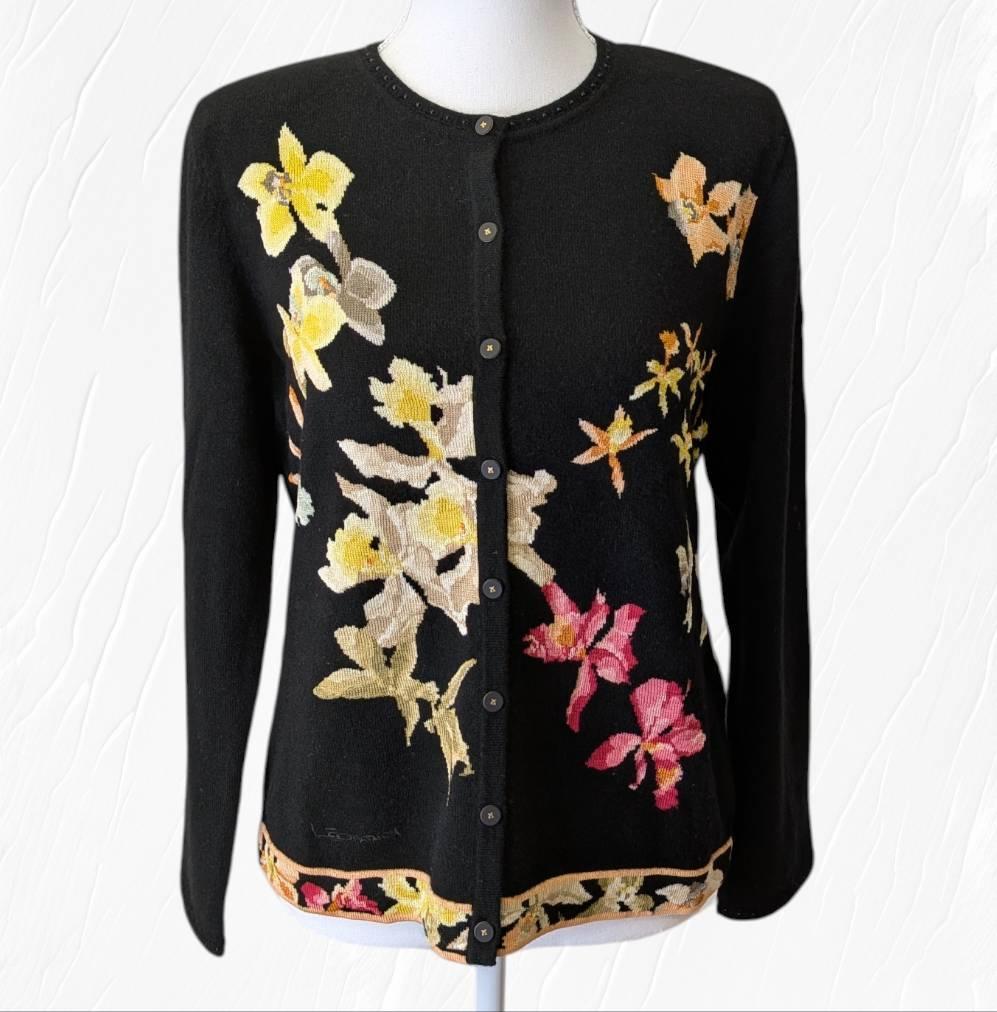 LEONARD レオナール 花柄 カシミヤ混 カーディガン ＬＬ