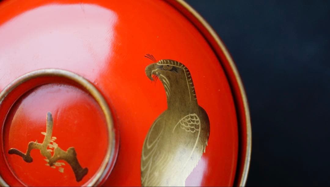 蒔絵　松 鷹紋　朱塗金縁吸物椀　20客　共箱