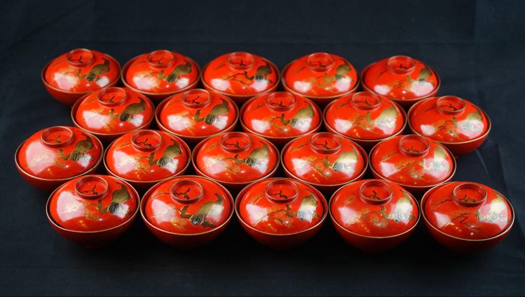 蒔絵　松 鷹紋　朱塗金縁吸物椀　20客　共箱