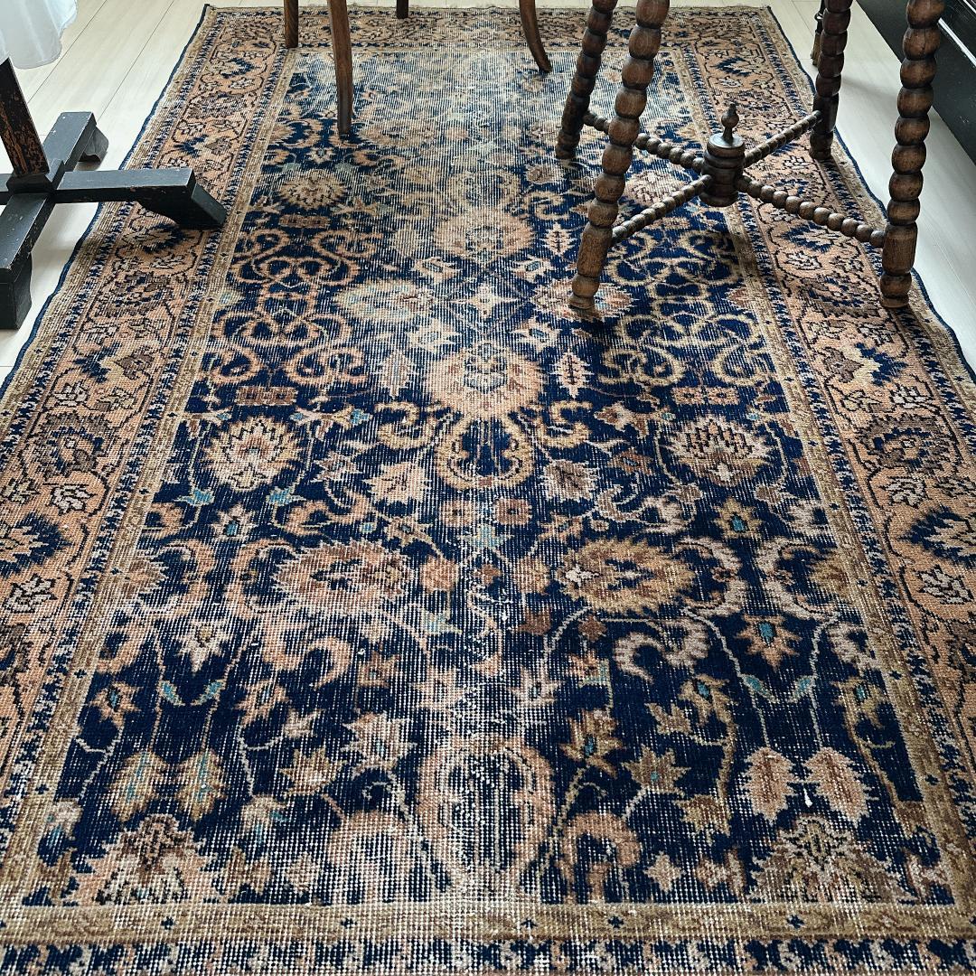 トルコ ヴィンテージラグ A30 レア ネイビー キャメル オレンジ ブルー