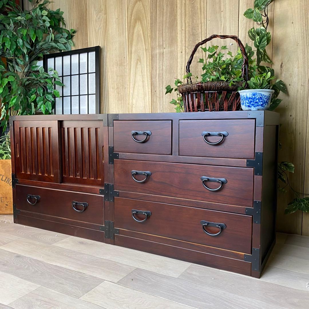 専用☆民芸家具和箪笥2点セット（三段四つ引き＋引き戸チェスト）木製桐材無垢和室