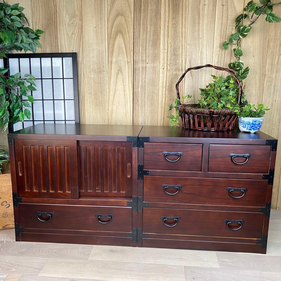 専用☆民芸家具和箪笥2点セット（三段四つ引き＋引き戸チェスト）木製桐材無垢和室