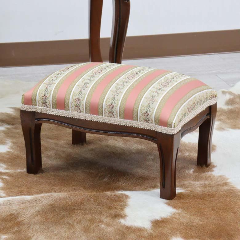 イタリア フットスツール 猫脚 ピンクストライプ 補助椅子 玄関用 完成品