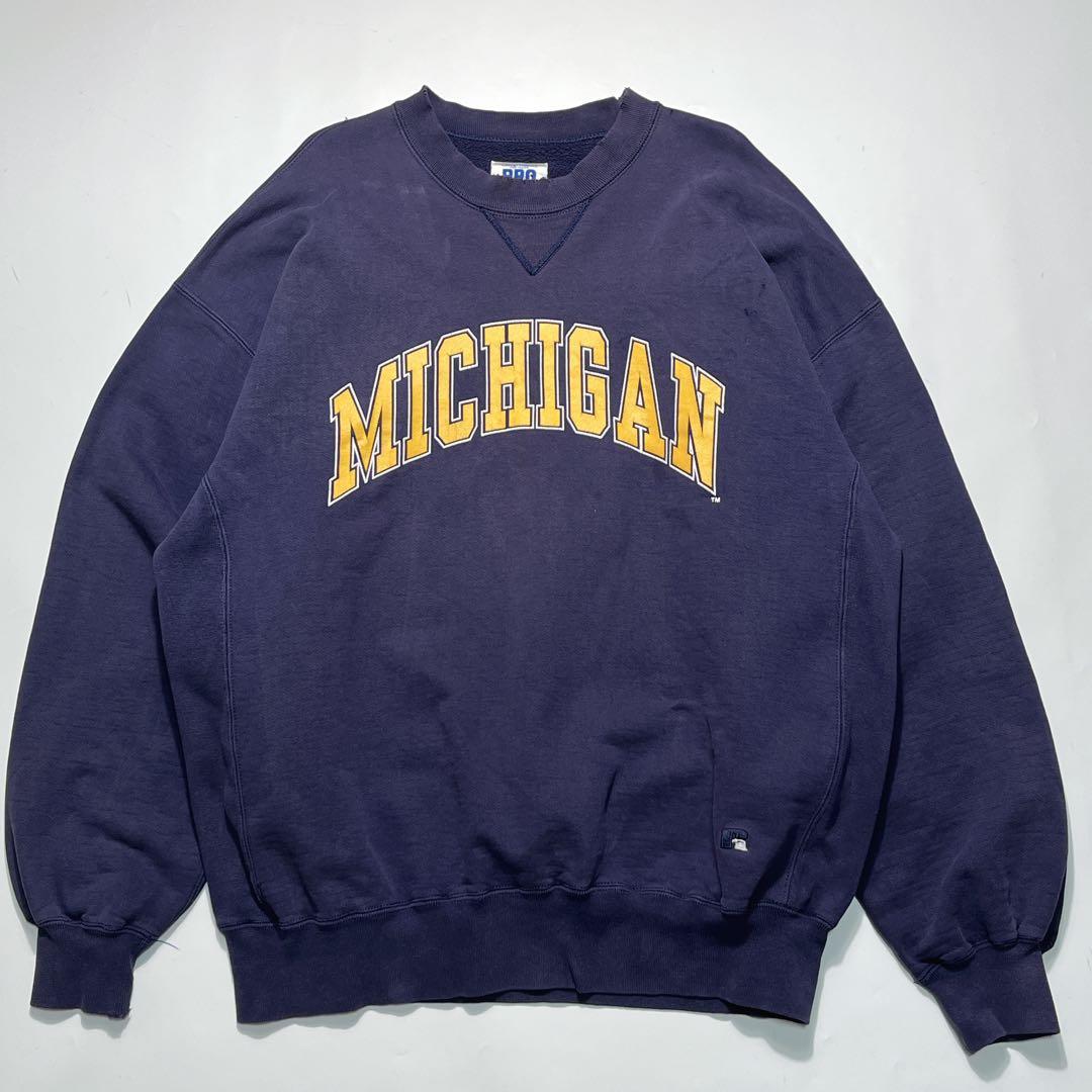 90s ラッセル USA製 リバースウィーブ型 ナス紺 ミシガン 前V 7668