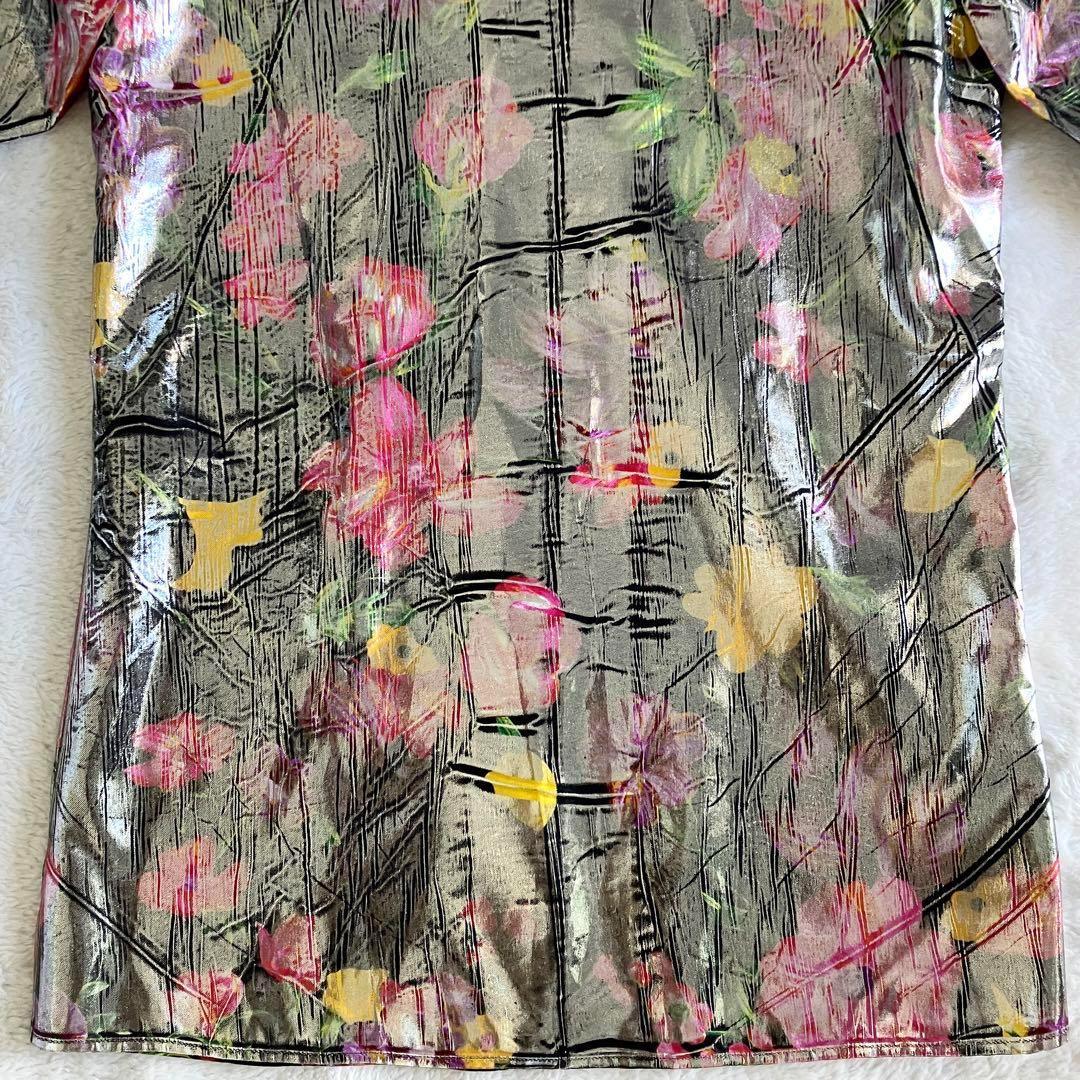 新品 グッチ 18SS シルク総花柄 ラミネート加工 長袖シャツ 38 シルバー
