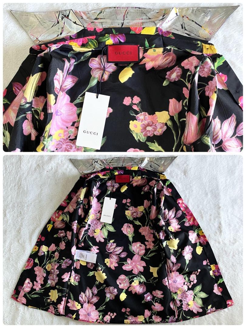 新品 グッチ 18SS シルク総花柄 ラミネート加工 長袖シャツ 38 シルバー