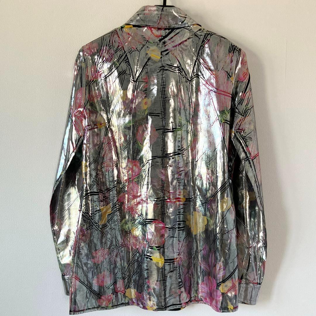 新品 グッチ 18SS シルク総花柄 ラミネート加工 長袖シャツ 38 シルバー