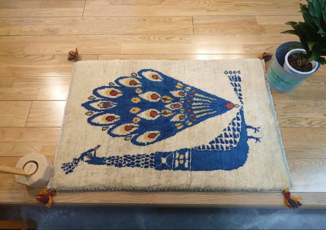 【夏のキャンペーン】ペルシャ　ギャッベ　玄関　90×60 アイボリー　孔雀