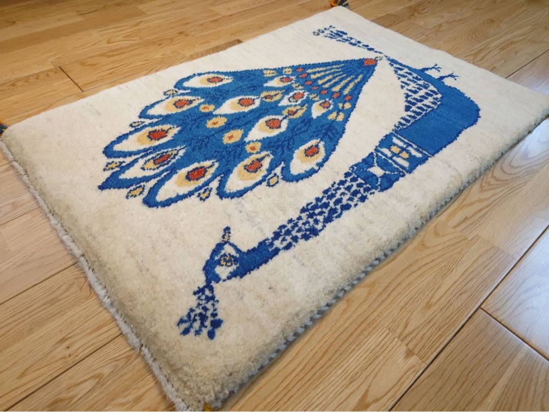 【夏のキャンペーン】ペルシャ　ギャッベ　玄関　90×60 アイボリー　孔雀