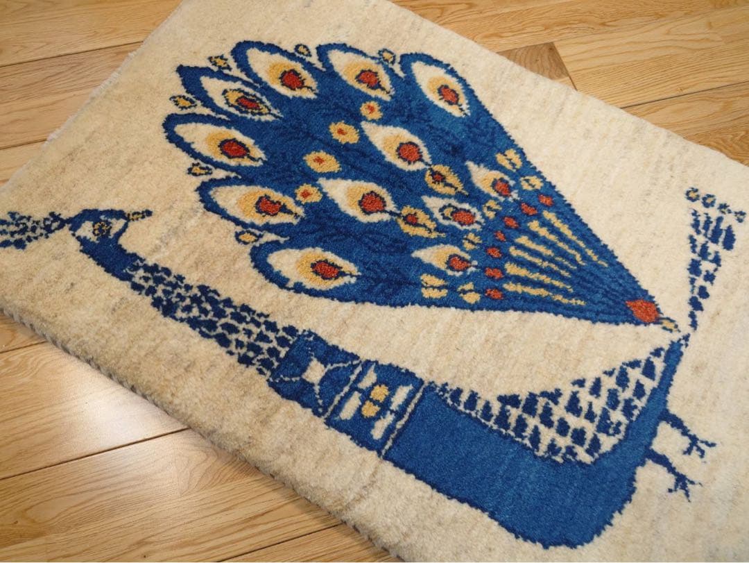 【夏のキャンペーン】ペルシャ　ギャッベ　玄関　90×60 アイボリー　孔雀