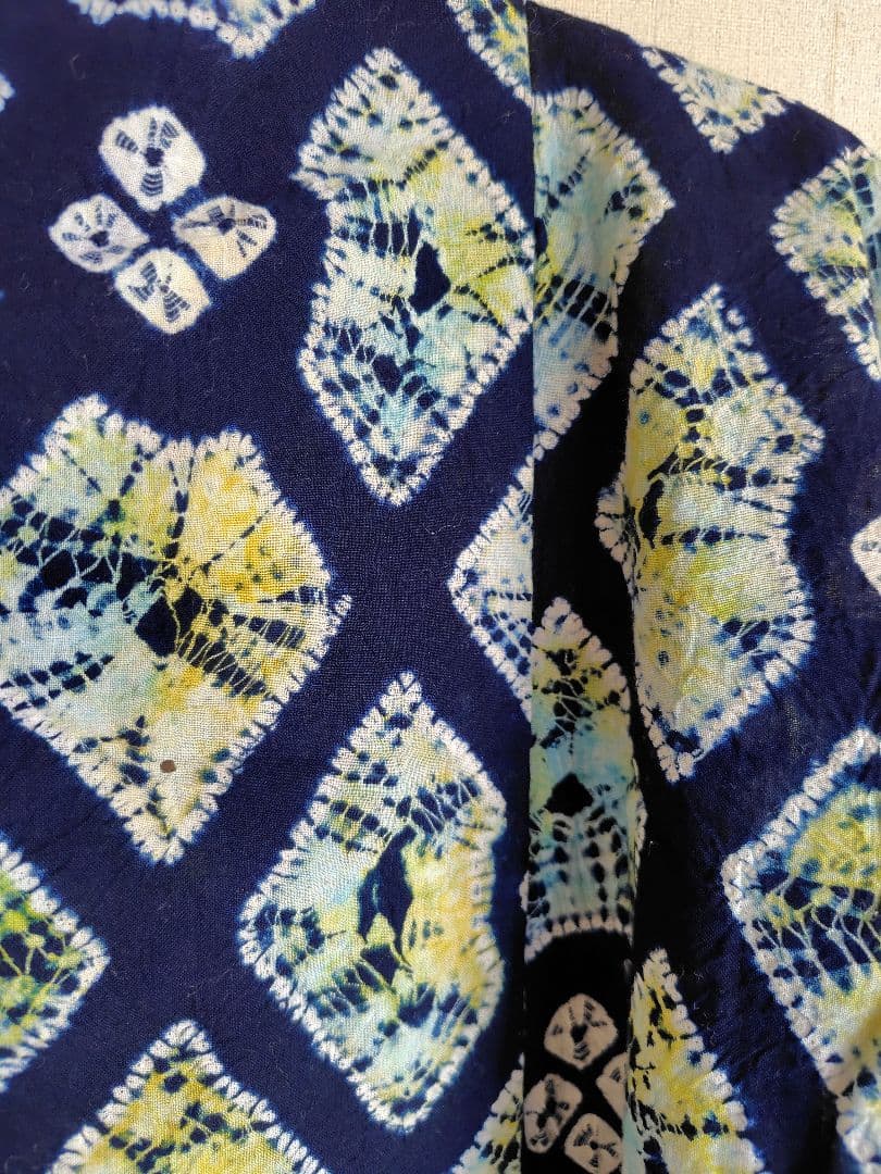 幾何学模様　手縫いで絞り風　ろうけつ染め紺地に緑、黄緑、黃、白の柄です