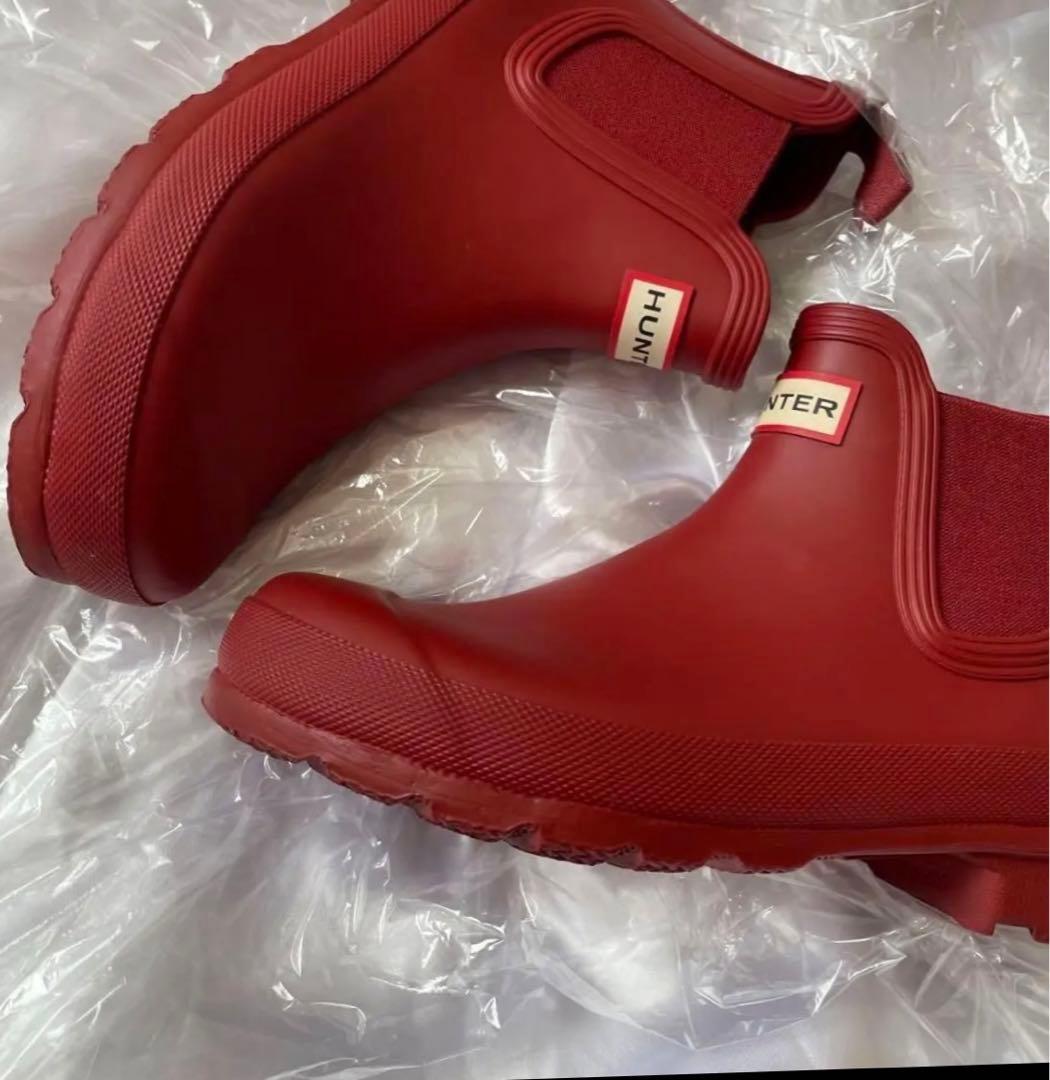 美品HUNTER　長靴　レインブーツ　チェルシーサイドゴアショートブーツ　レッド