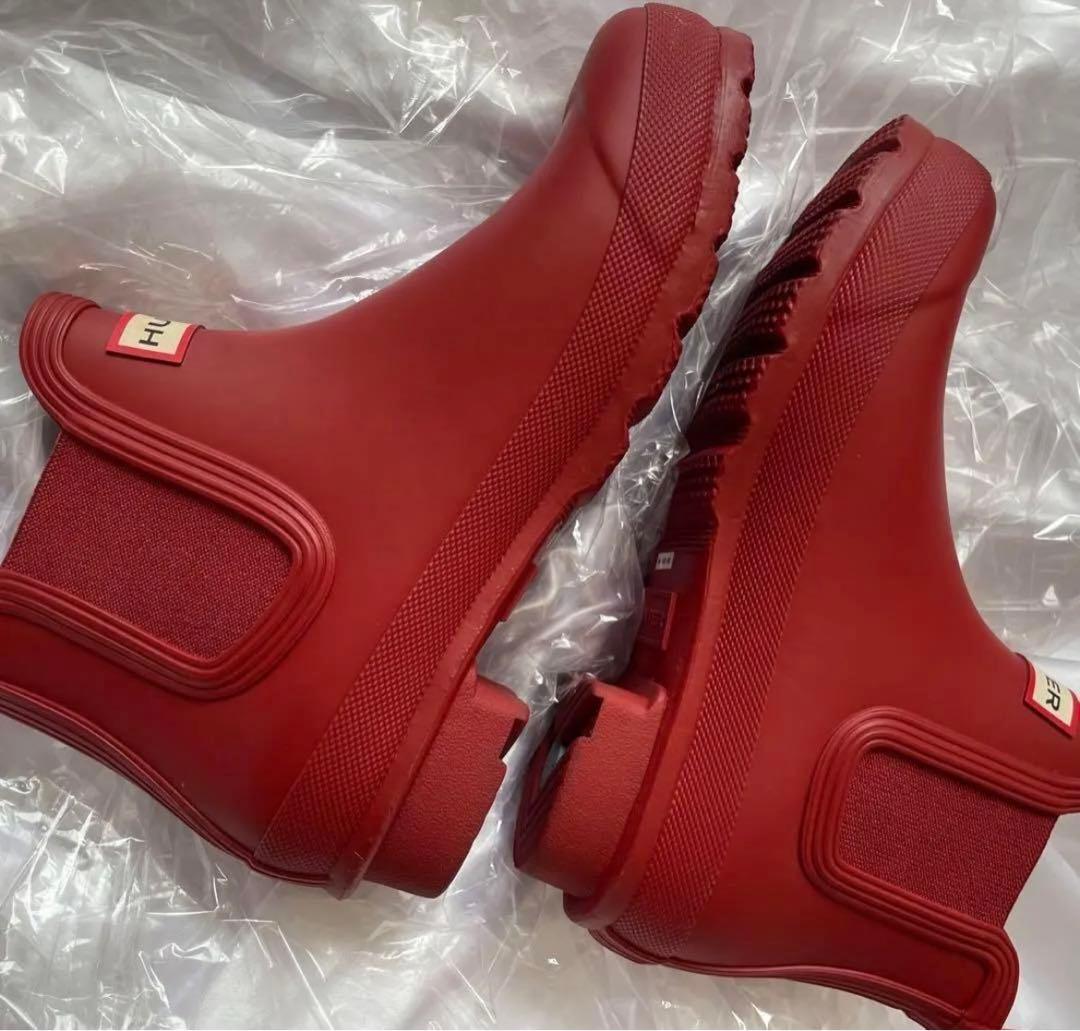 美品HUNTER　長靴　レインブーツ　チェルシーサイドゴアショートブーツ　レッド