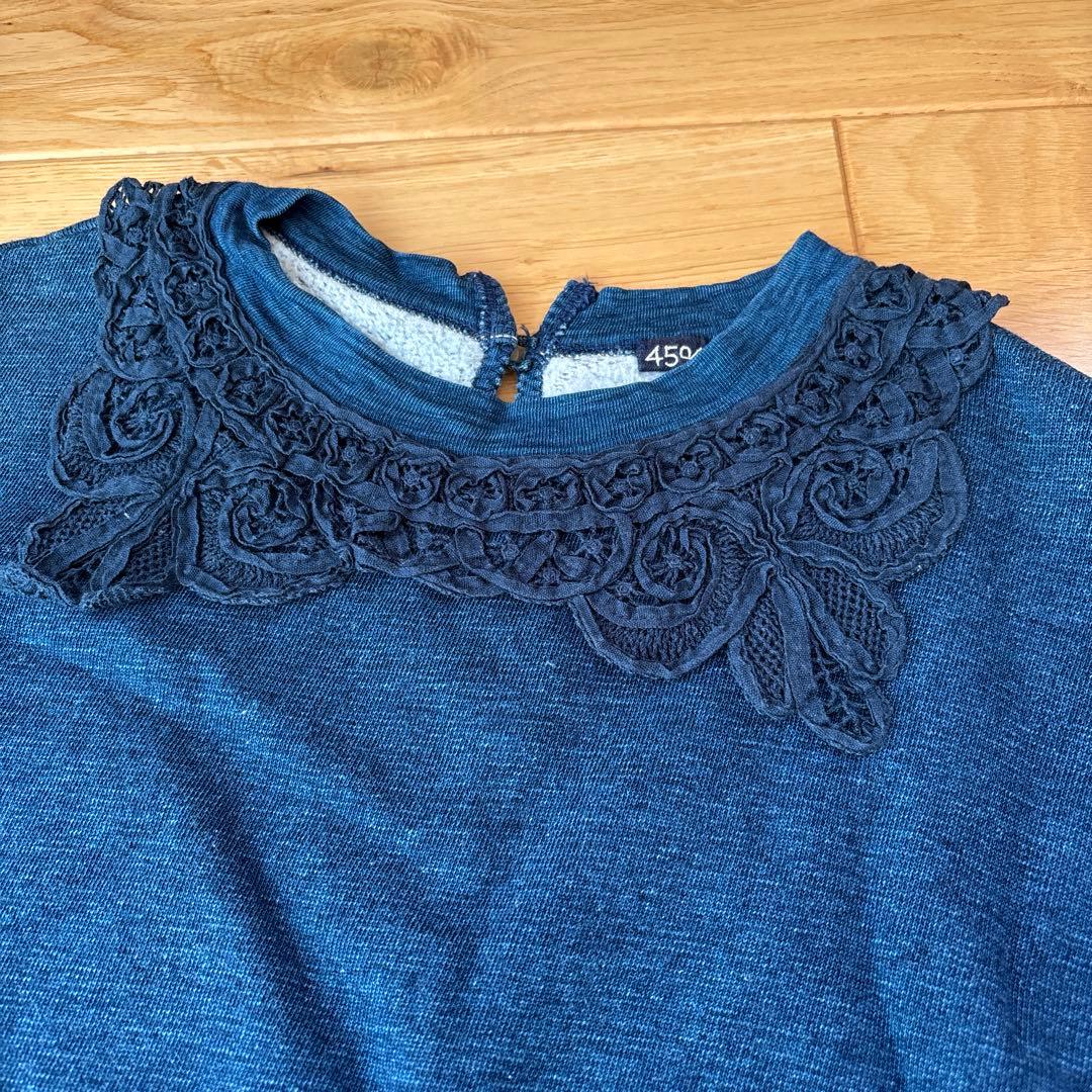 ダークブルー 長袖ワンピース レース襟付き