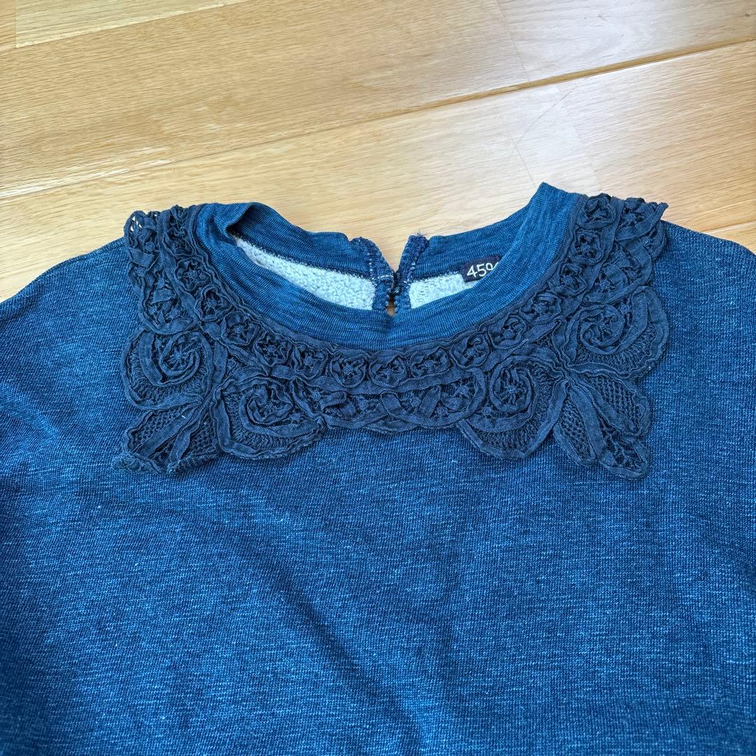 ダークブルー 長袖ワンピース レース襟付き