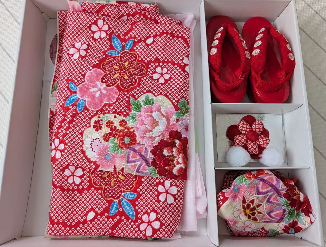 即日・翌日発送/七五三 3歳 女の子/着物/被布/花ひめ8点セット/ 赤白ピンク