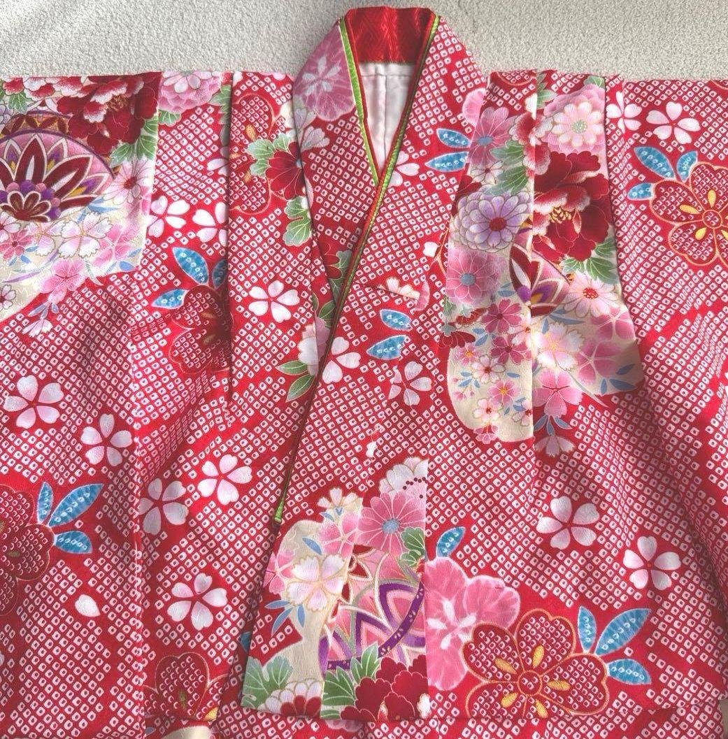 即日・翌日発送/七五三 3歳 女の子/着物/被布/花ひめ8点セット/ 赤白ピンク