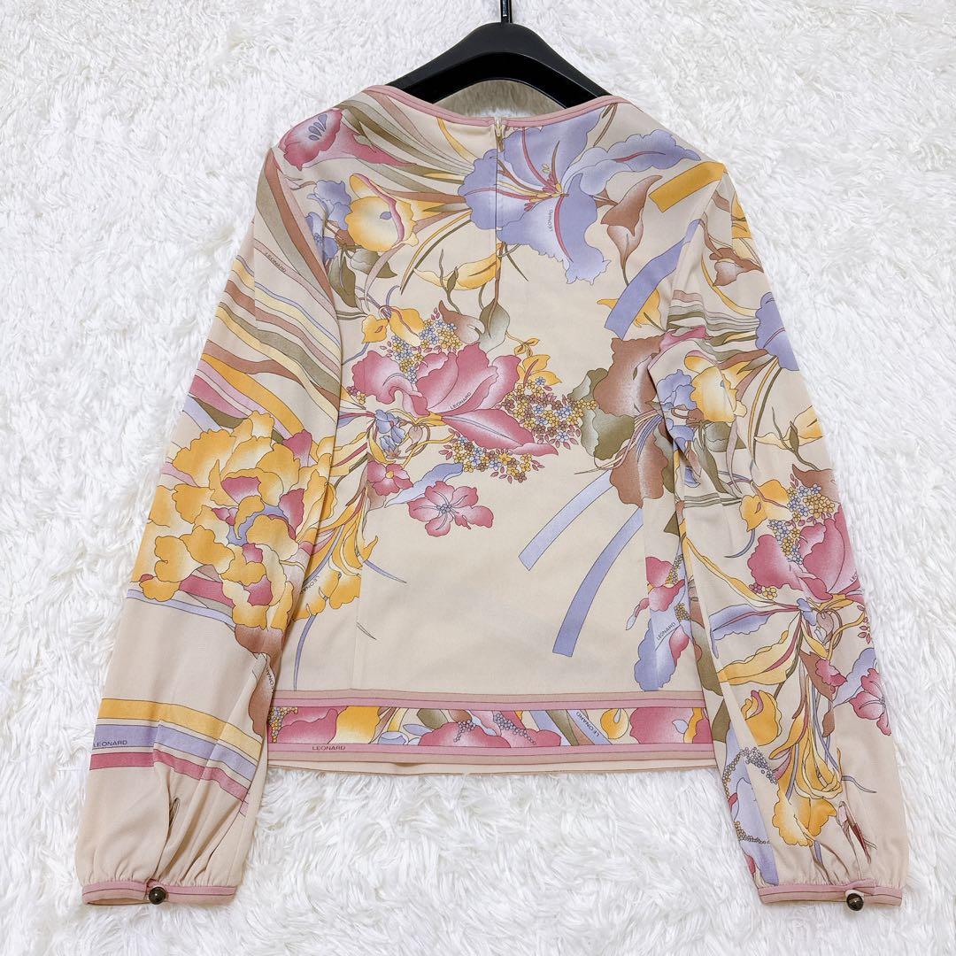[美品] レオナール　高級✨カンカン　カットソー　花柄　トリム　ロゴボタン　L
