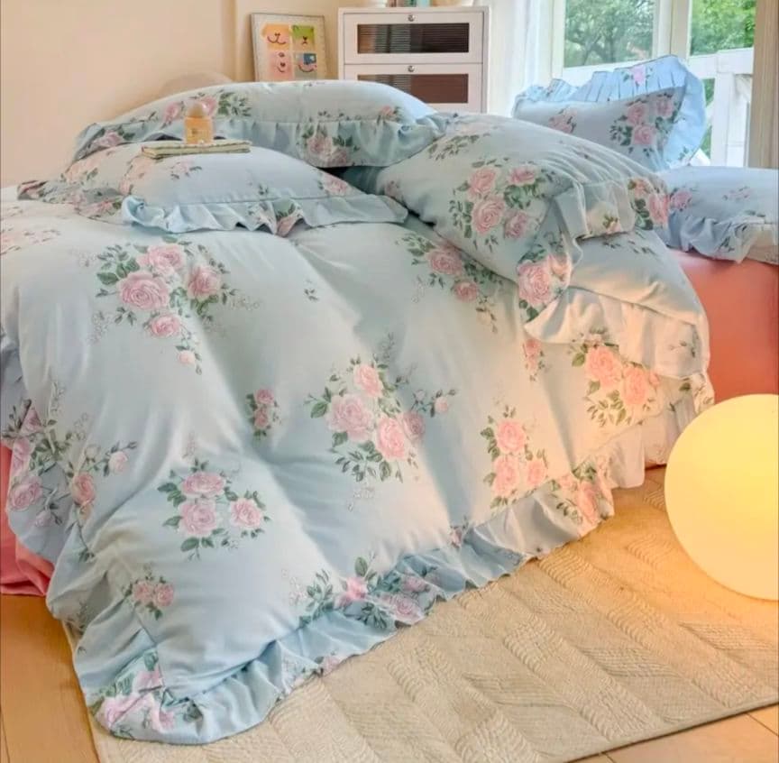 最終価格新品★綿100%ピンク薔薇シングルフリル掛け布団カバー枕カバーシーツ4点