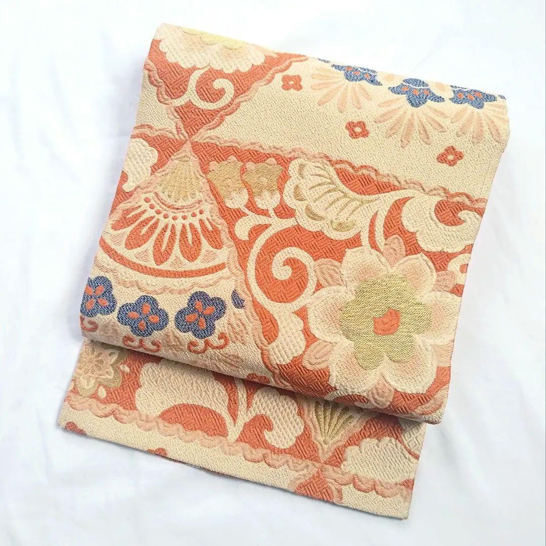 名古屋帯花柄レトロフラワーオレンジ金糸青色女和服ベージュクリーム色正絹着物帯和装