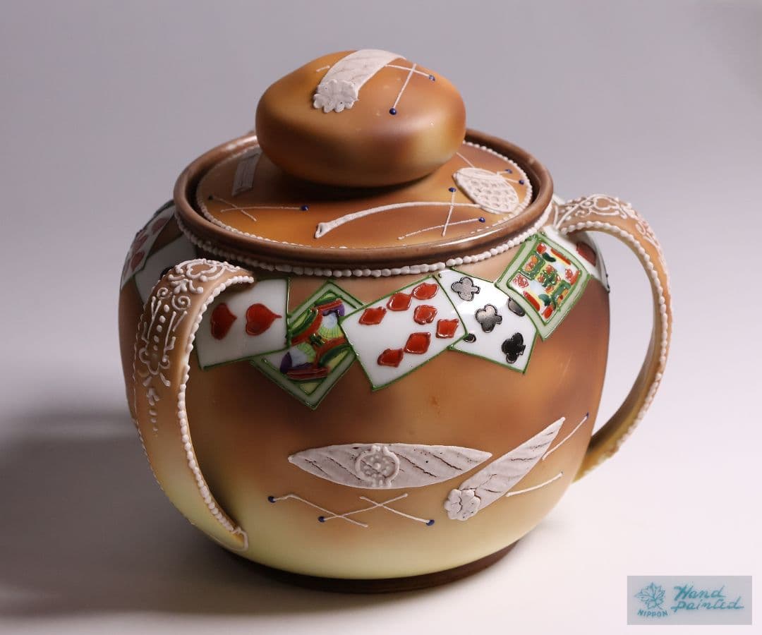 【CM322】オールドノリタケ トランプ スリーハンドル 葉巻入れ 蓋物 盛上