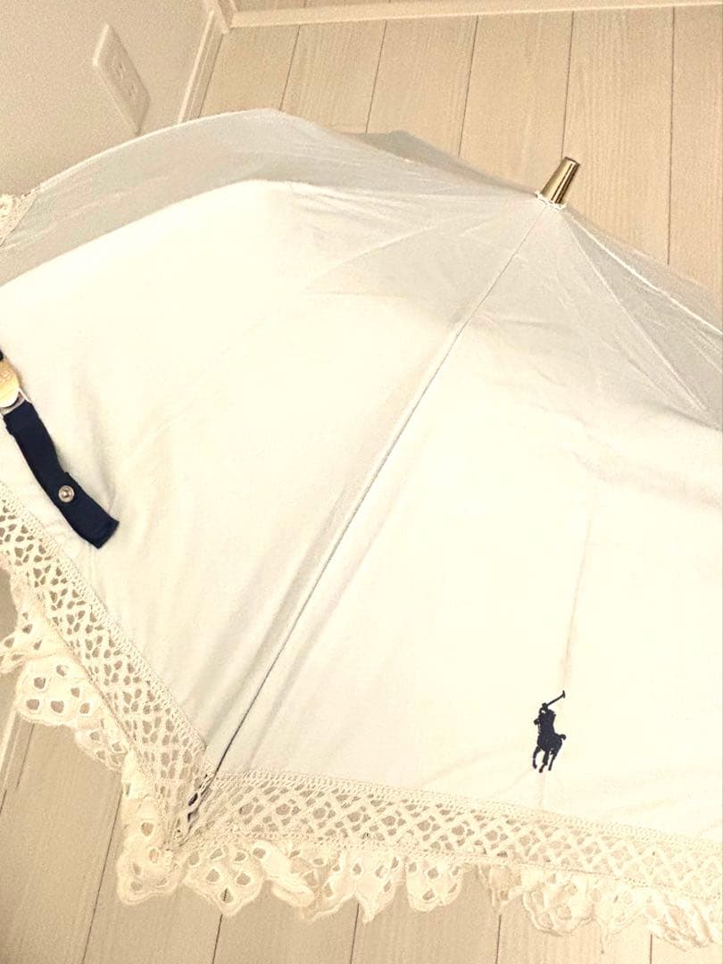 【美品】ラルフローレン 日傘 長傘 白 レース 刺繍 フリル 上品 晴雨兼用