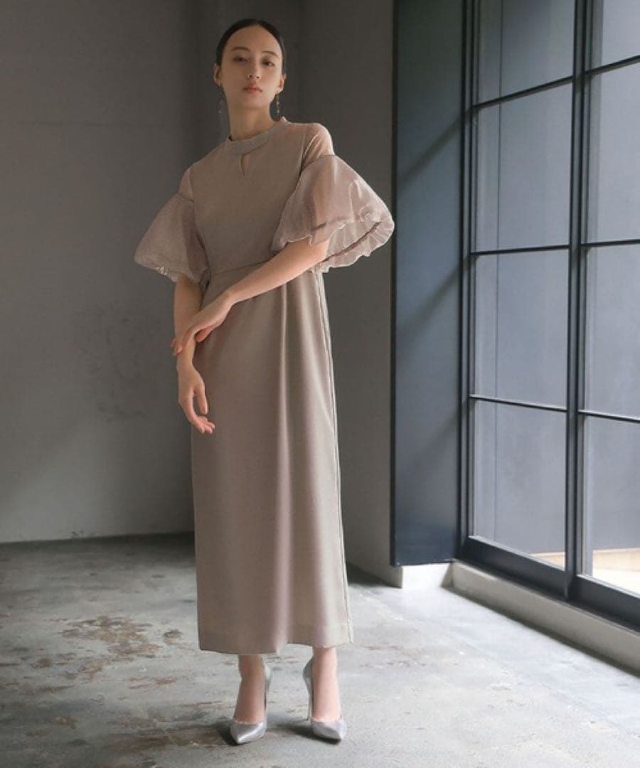 バルーン袖異素材ドッキング Iライン ロングワンピース　ドレス【GIRL】