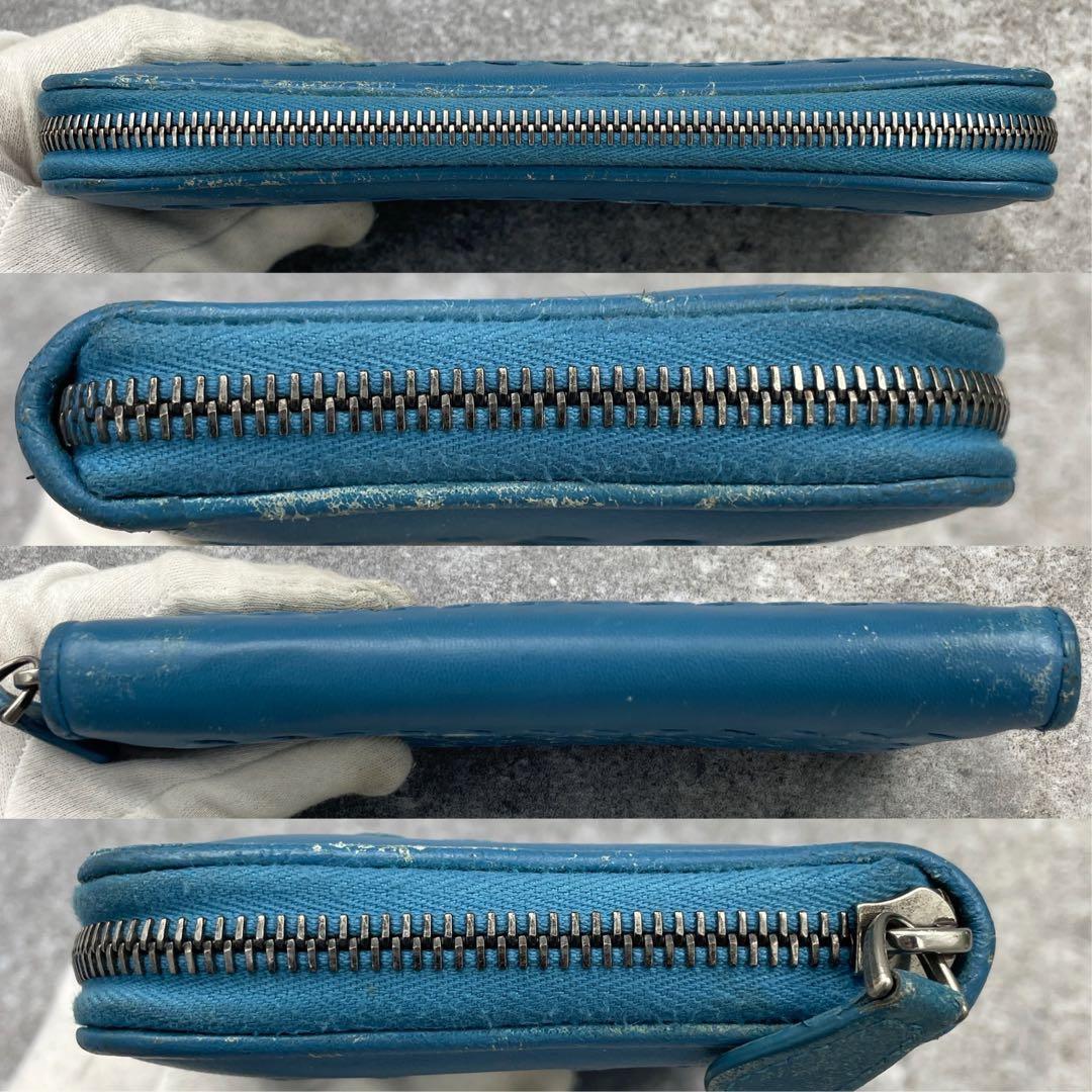 【微美品】ボッテガヴェネタ　長財布　イントレチャート　青　ラウンドファスナー