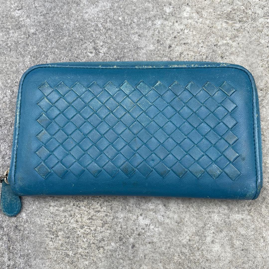 【微美品】ボッテガヴェネタ　長財布　イントレチャート　青　ラウンドファスナー