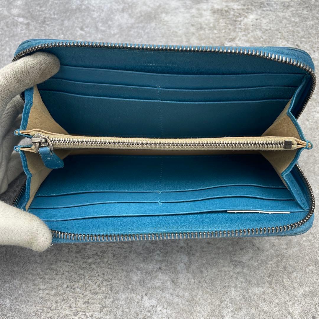 【微美品】ボッテガヴェネタ　長財布　イントレチャート　青　ラウンドファスナー