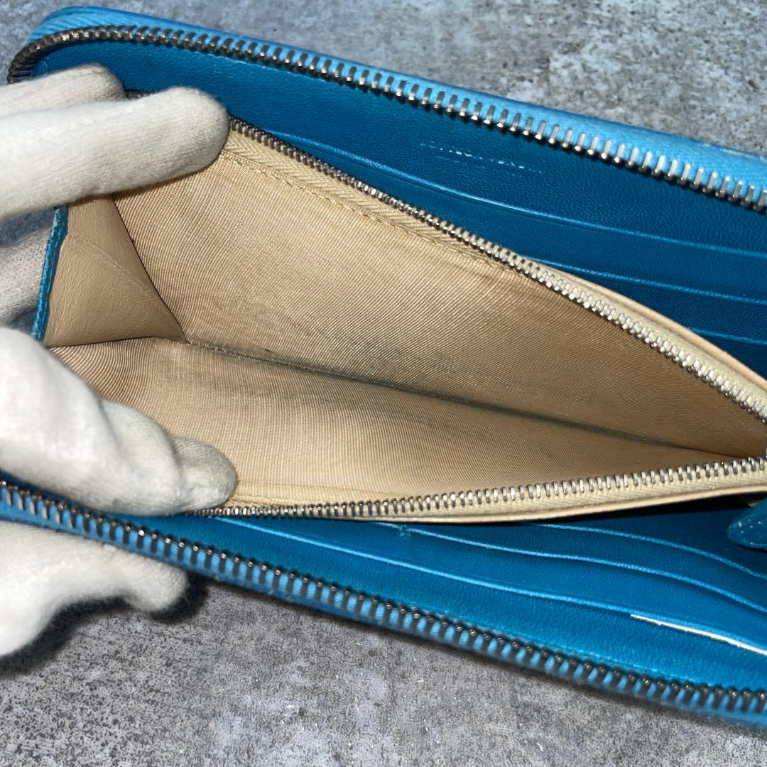 【微美品】ボッテガヴェネタ　長財布　イントレチャート　青　ラウンドファスナー