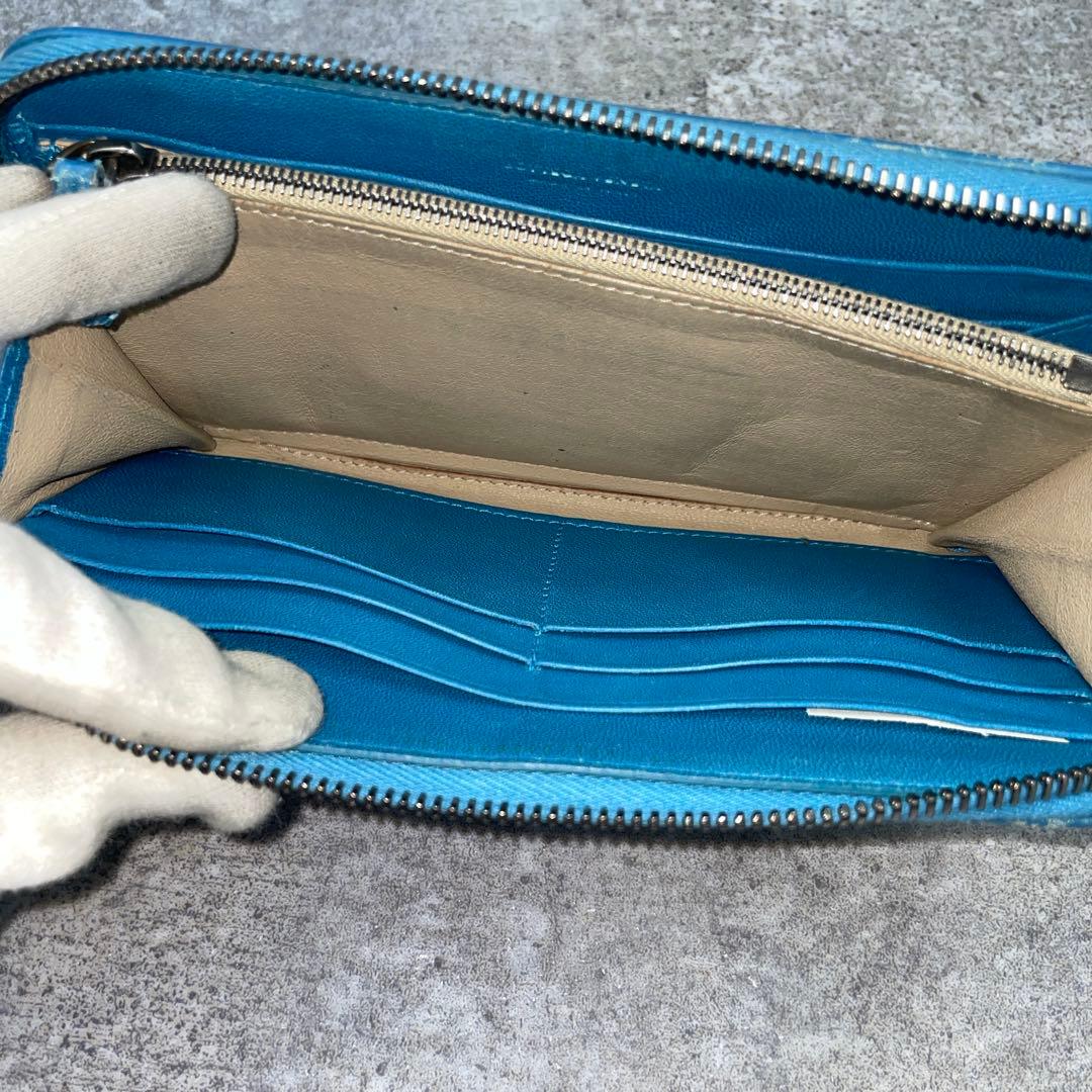 【微美品】ボッテガヴェネタ　長財布　イントレチャート　青　ラウンドファスナー