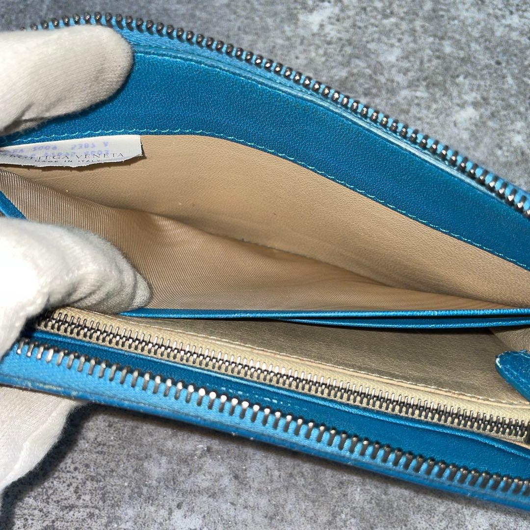【微美品】ボッテガヴェネタ　長財布　イントレチャート　青　ラウンドファスナー