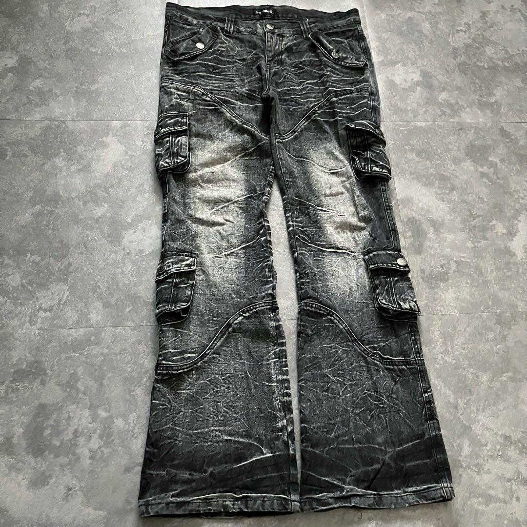 00s black cargo flared pants Y2K ロング丈