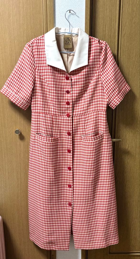 tnewties メニュー表で顔を隠している オープンカラー チェックワンピース