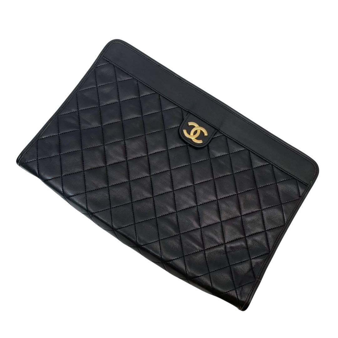 シャネル マトラッセ ラムスキン セカンド クラッチ バッグ ココマーク 黒.