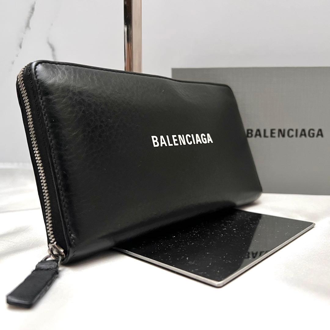 ◇美品◇バレンシアガ　ラウンドジップ長財布　白ロゴ×ブラックレザー　シルバー金具