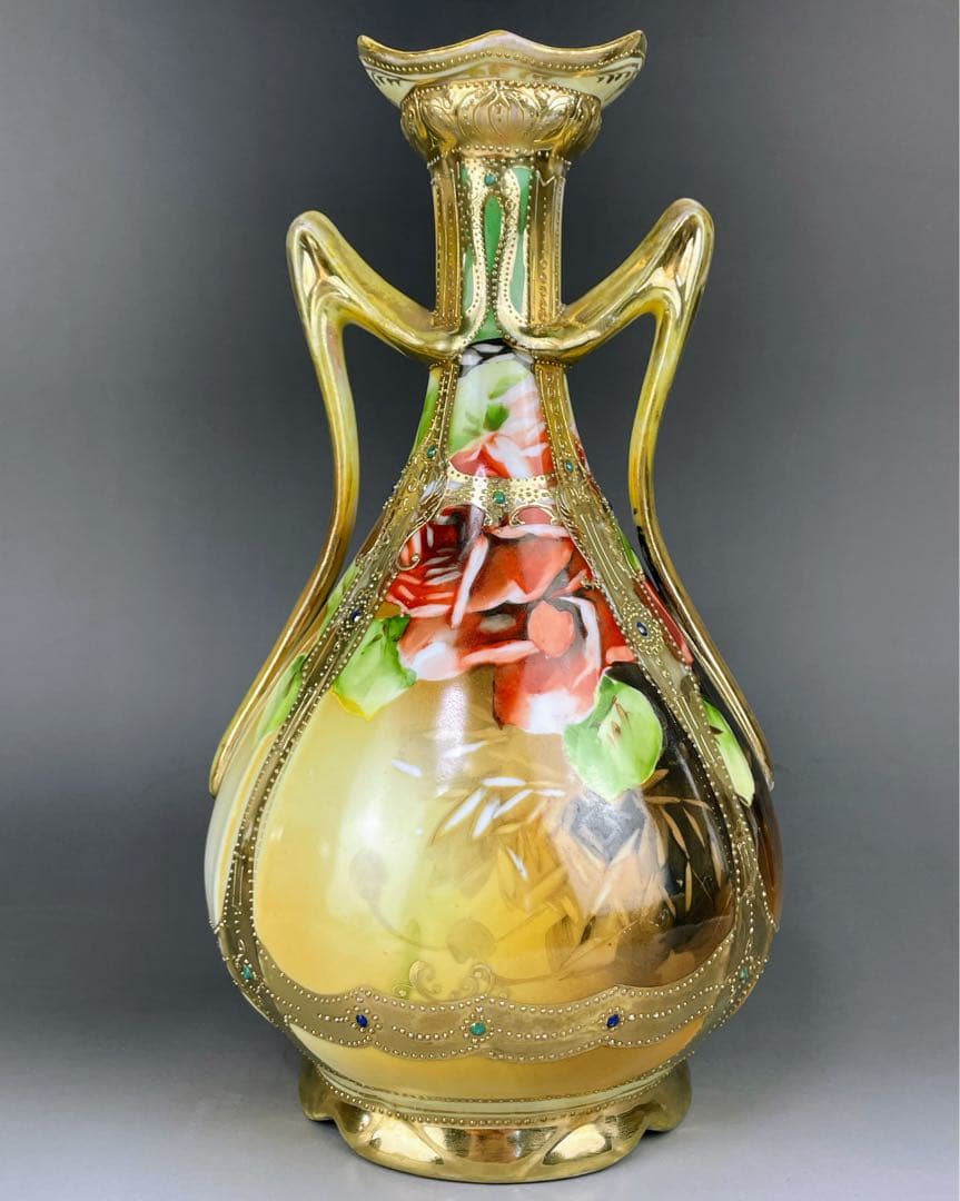 【大型】オールドノリタケ ３０cm アールヌーボー 薔薇紋 ジュエル金盛り 花瓶