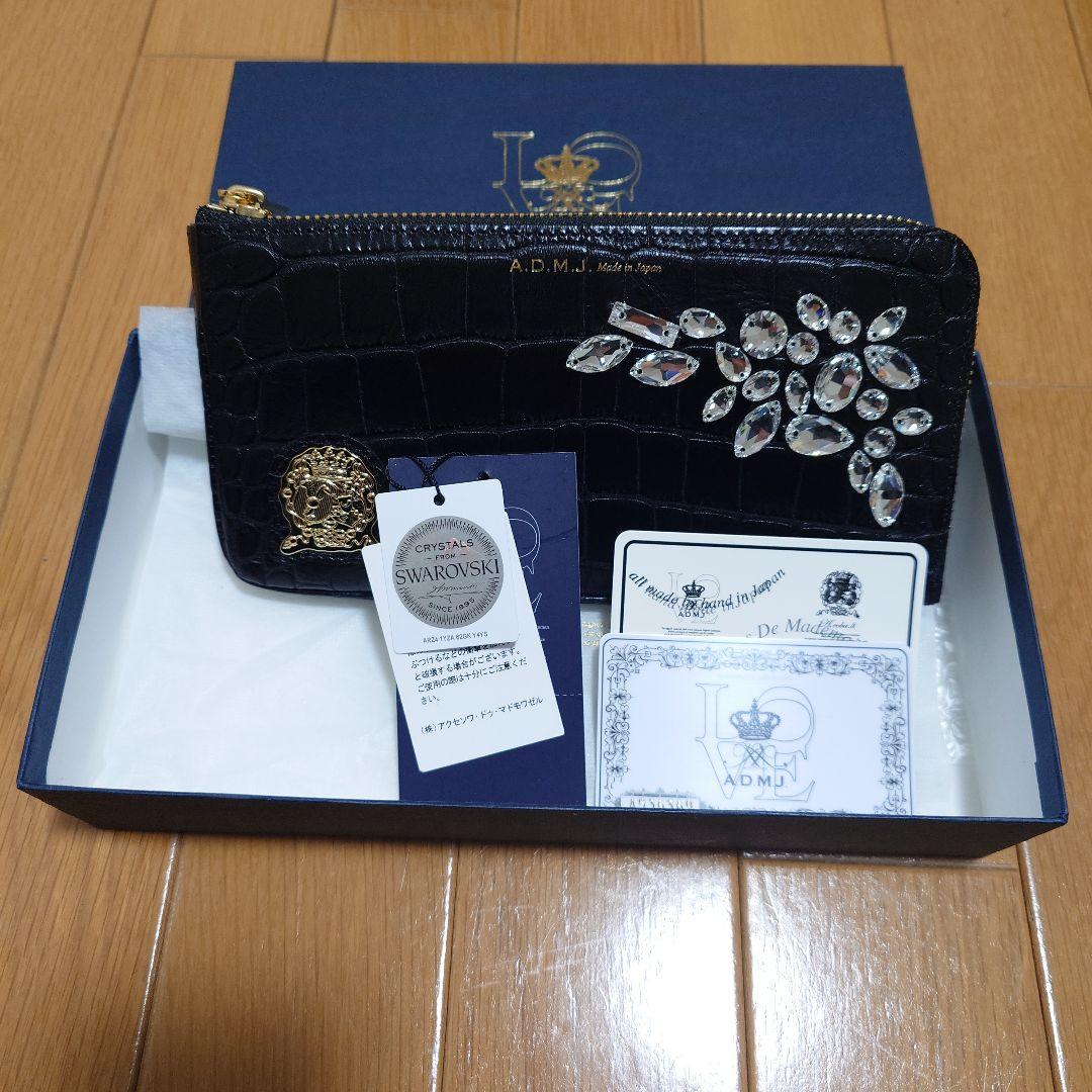A.D.M.J. ブラックL字ファスナー長財布 クリスタル装飾