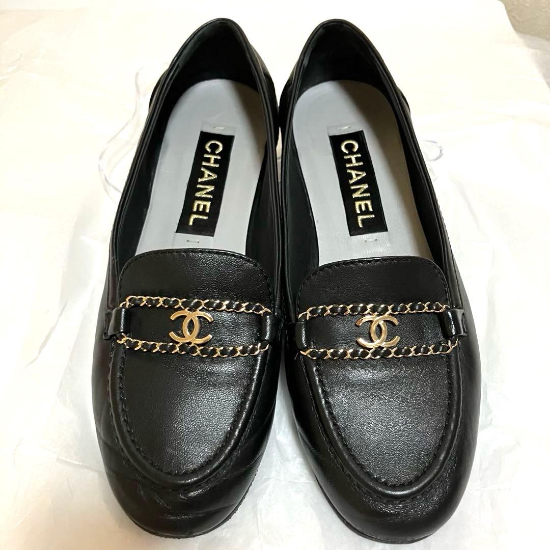 CHANEL シャネル ブラック レザー CCマーク フラットシューズ 39